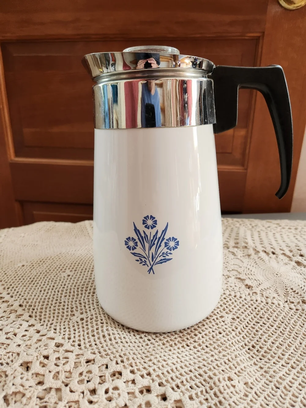 Vintage Corning Ware Cornflower Insulated Stove Top Coffee Pot with Black Handle